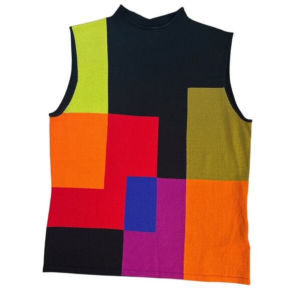 Vtg 90s 00s High Neck Color Block Tank Shell Blouse Top Shirt Sz L Black Whimsy - Picture 1 of 6